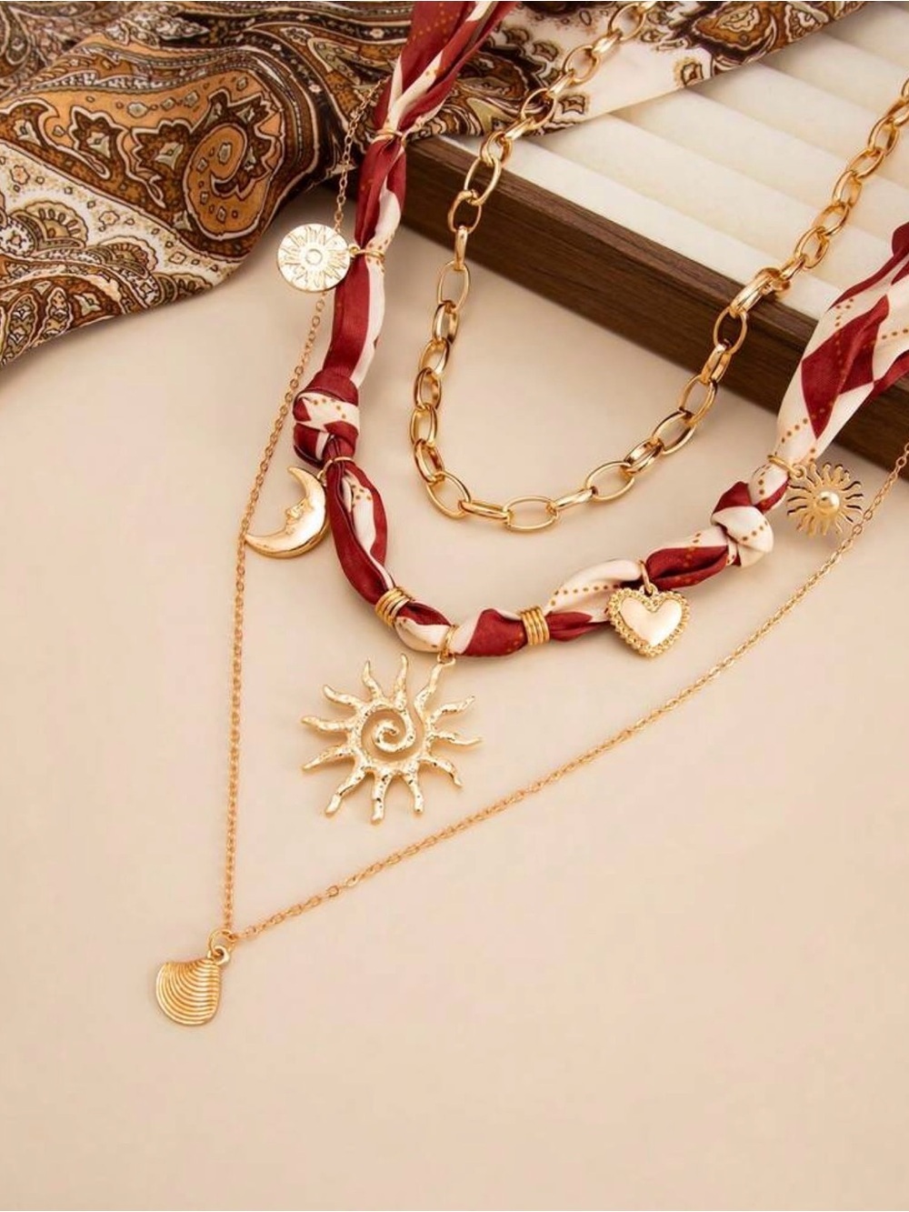 Boho Gold Sun & Moon Layered Necklace Set with Maroon Scarf - Picture 2 of 4